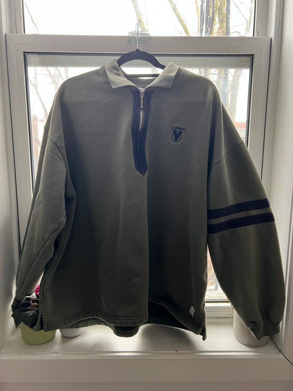 Vuarnet vintage Olive Green Half-Zip Sweater with Black Stripes - Men's